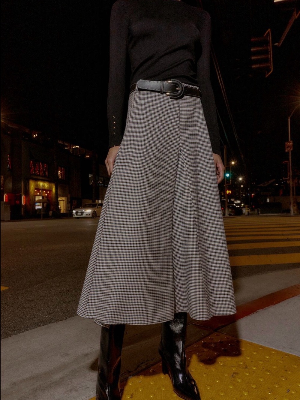 BNWT Zara Black, Blue & Tan Plaid Midi Skirt With Belt